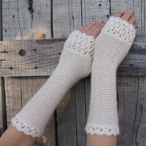 Winter Snow Handmade Knit Fingerless Long Gloves Winter White